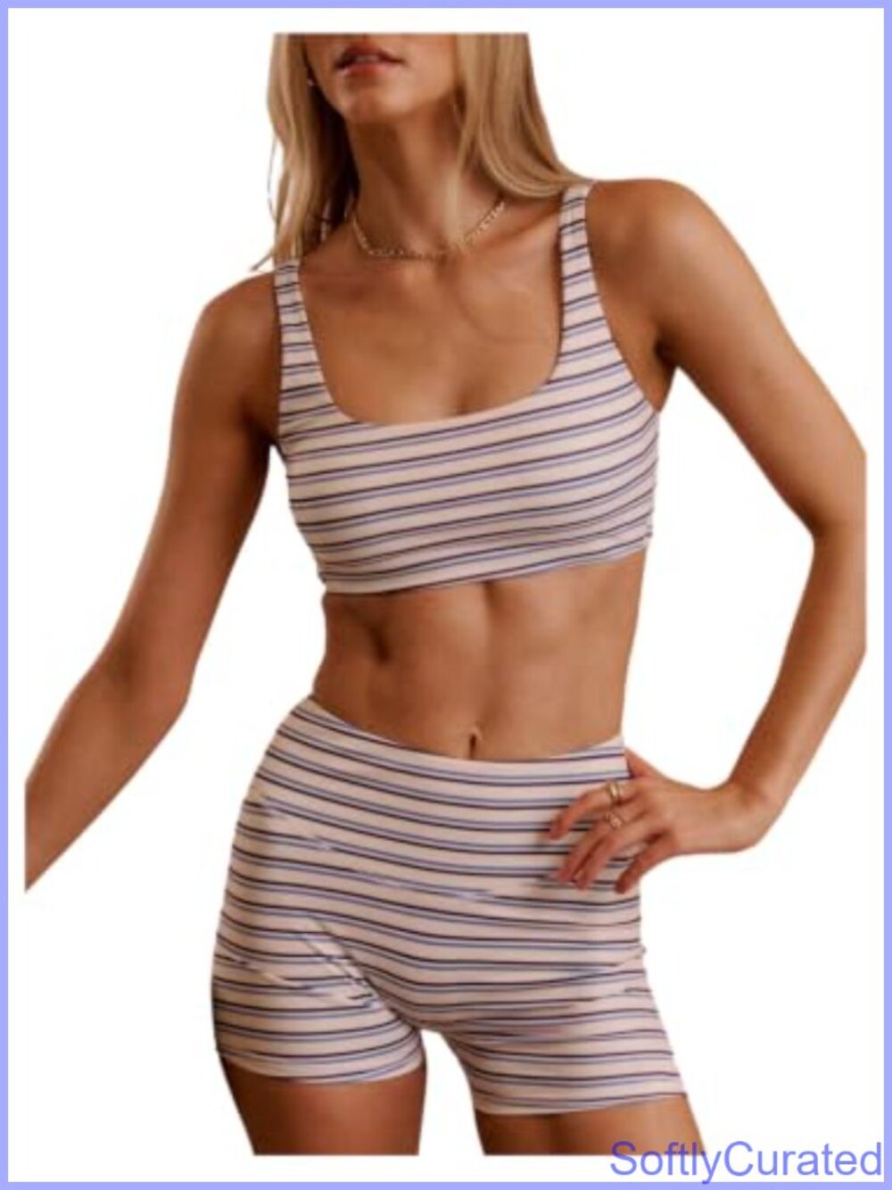 Striped 3 Piece Workout Set Square Neck Tank Bike Shorts High Waist Gym Yoga